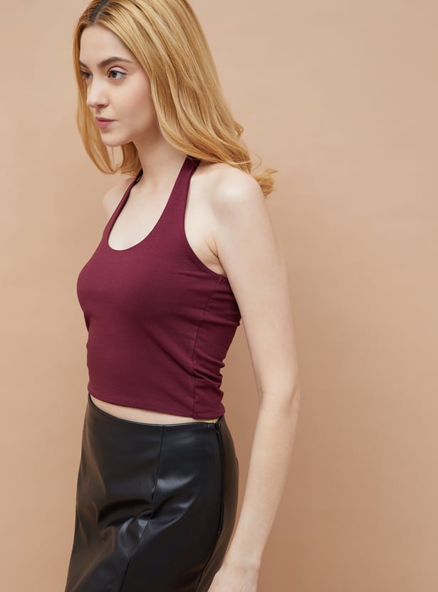 GINGER Solid Halter Neck Crop Top