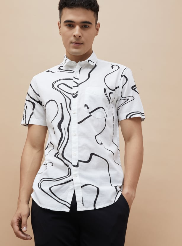 Boys Off White Rayon Printed Regular Fit Shirt