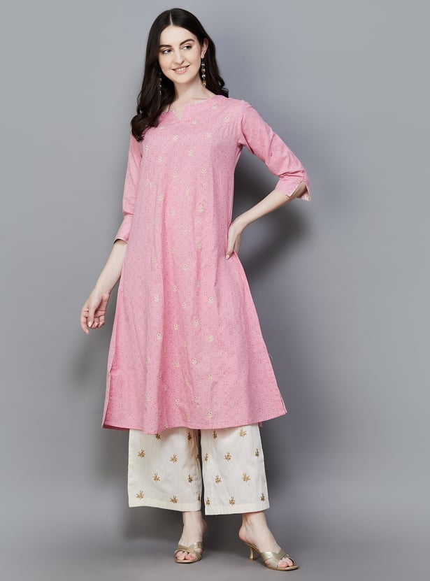 A-Line Printed Kurta with Embroidered Detailing, Box Pleated Sleeves and Contrast Piping Accents