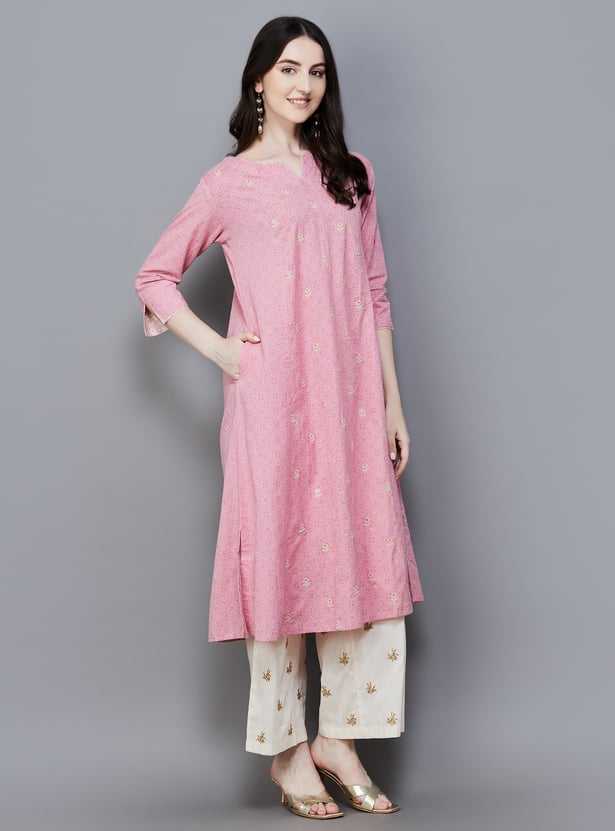 Women Pink Embroidered A-Line Kurtas