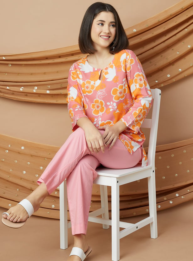 Straight Kurti PRE-ORDER - Floral Teal Pink