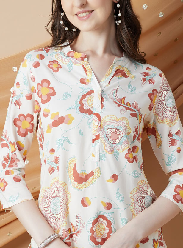 Long Beige Cotton Blend Designer Kurti with Floral Print – Sizes S, XL & 2XL