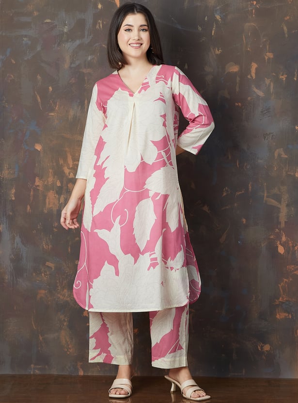 Pink Printed Muslin A-Line Kurta Set