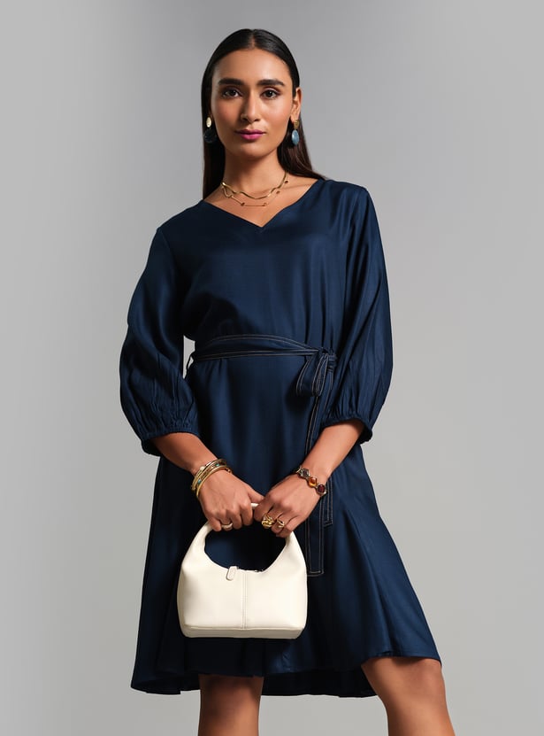 V-NECK BUTTON A-LINE DRESS