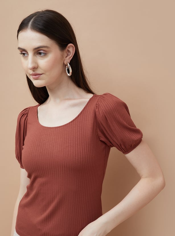CODE Ribbed Puffed Sleeve Top