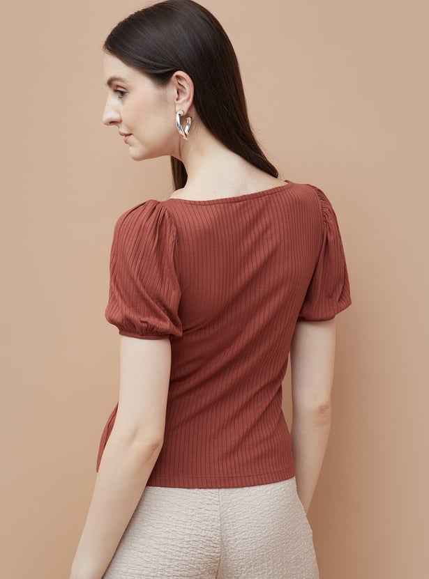 CODE Ribbed Puffed Sleeve Top