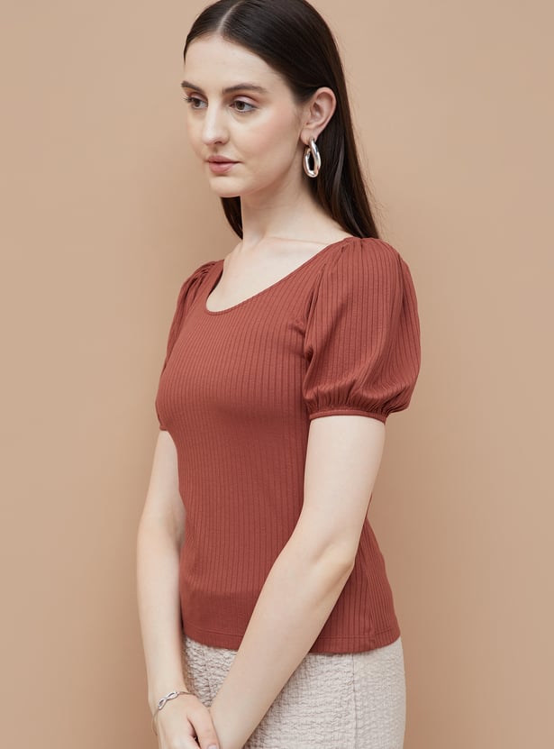 CODE Ribbed Puffed Sleeve Top