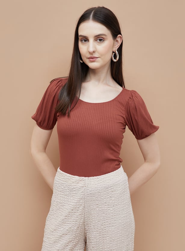 CODE Ribbed Puffed Sleeve Top