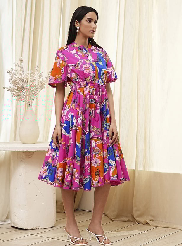 BIBA Floral Print Gathered A-line Dress