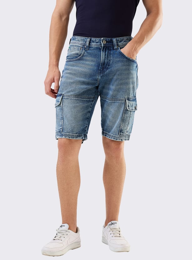 SPYKAR Washed Denim Cargo Shorts