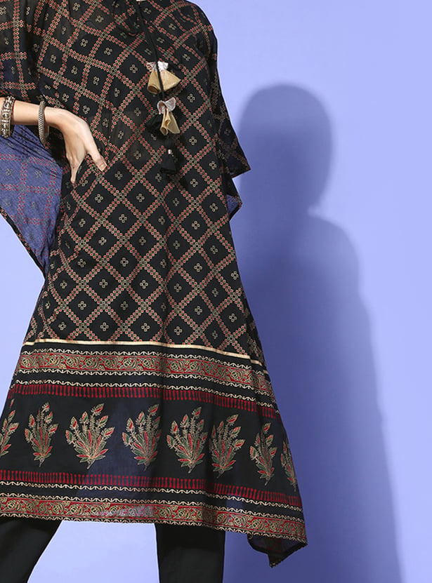 Indo Era Beige Printed A-Line Kurta Trousers Set