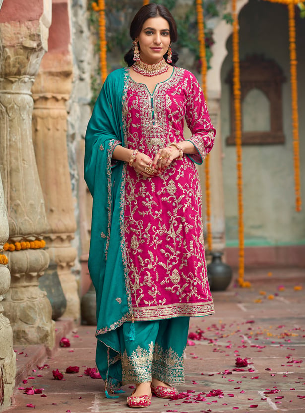 Indo Era Solid Maroon Straight Kurta Palazzo With Dupatta Set