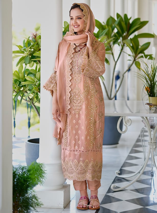 Indo Era Brown Solid Straight Kurta Salwar set