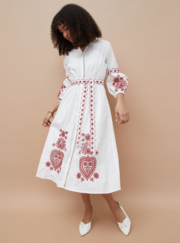 COLOUR ME Embriodered Belted A-Line Dress with Inner