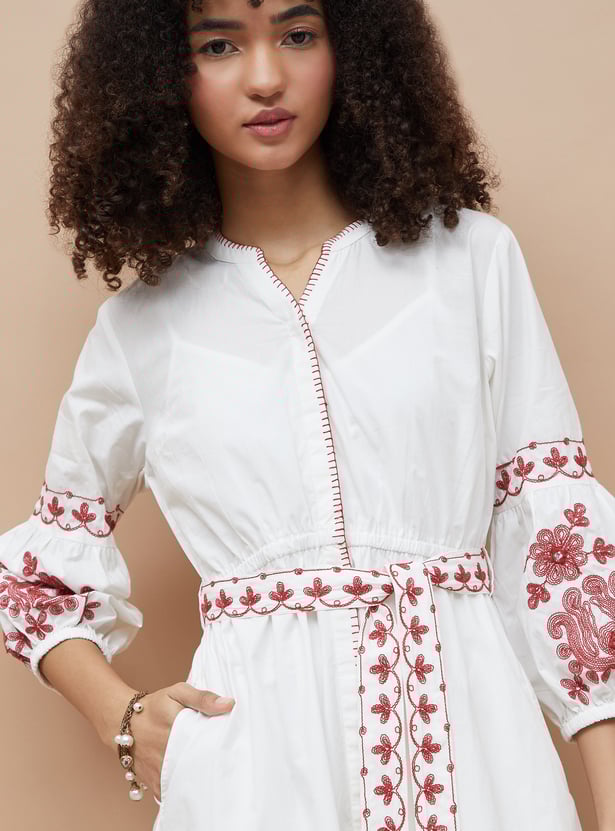 COLOUR ME Embriodered Belted A-Line Dress with Inner