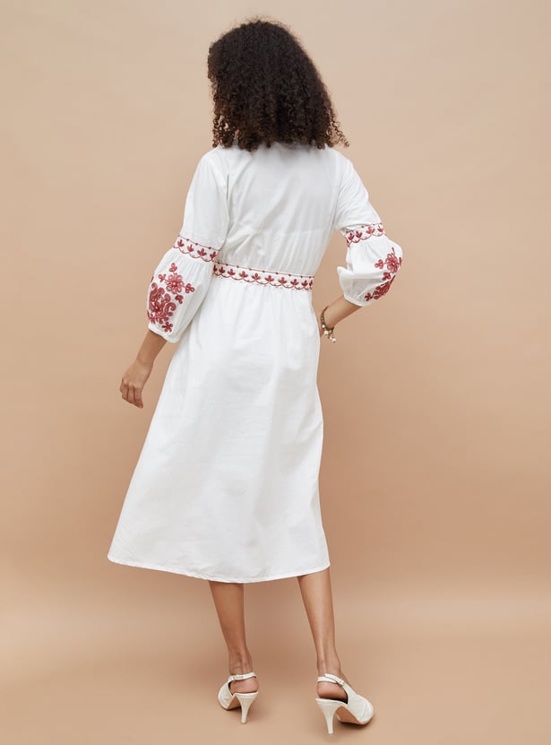 COLOUR ME Embriodered Belted A-Line Dress with Inner