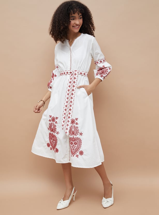 COLOUR ME Embriodered Belted A-Line Dress with Inner