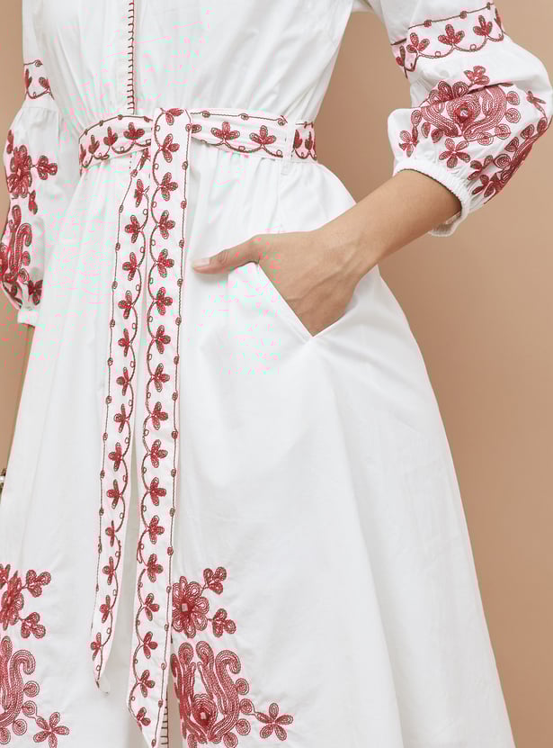 COLOUR ME Embriodered Belted A-Line Dress with Inner