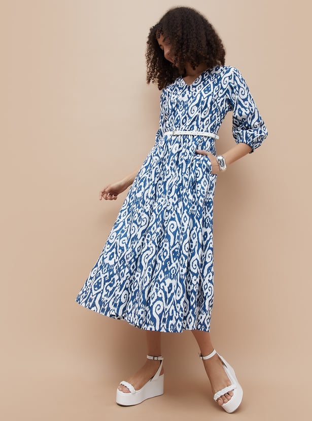 COLOUR ME Ikat Print Midi Dress with Belt