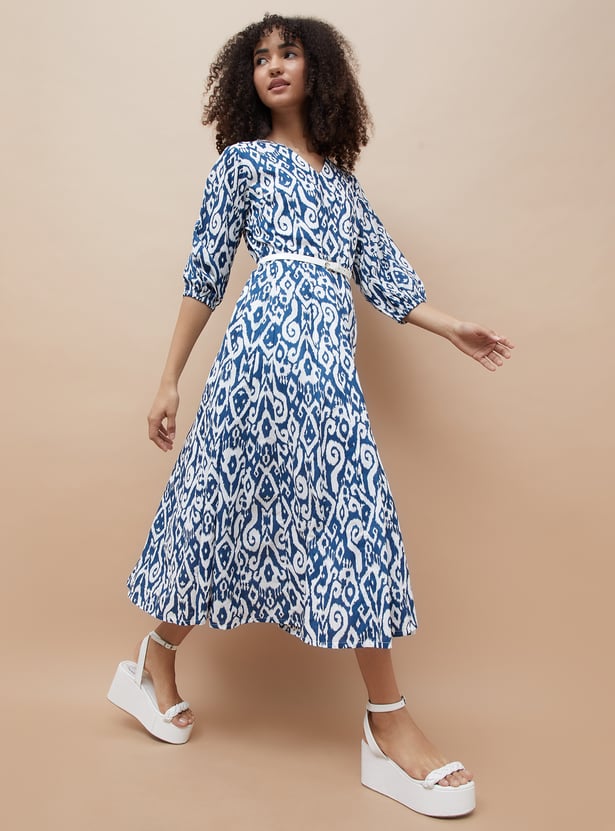 COLOUR ME Ikat Print Midi Dress with Belt