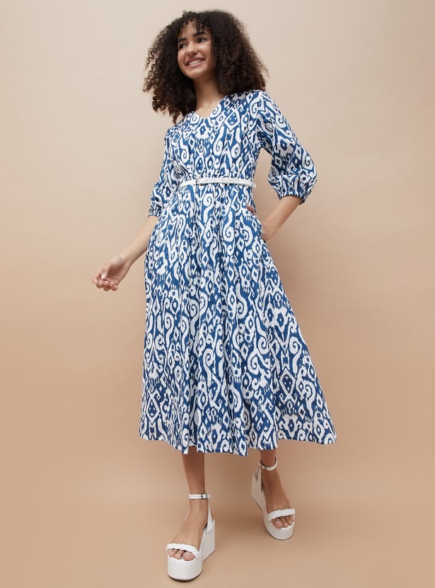 COLOUR ME Ikat Print Midi Dress with Belt