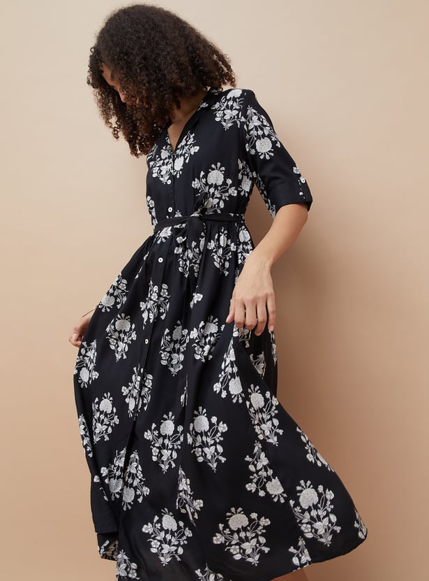 COLOUR ME Floral Print Belted Shirt Dress