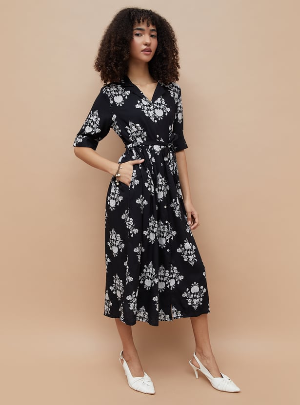 COLOUR ME Floral Print Belted Shirt Dress