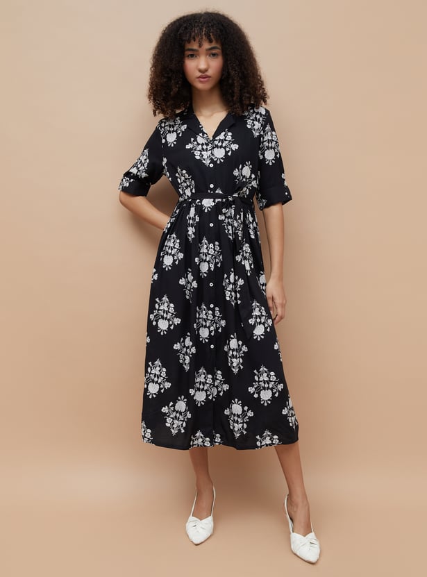COLOUR ME Floral Print Belted Shirt Dress