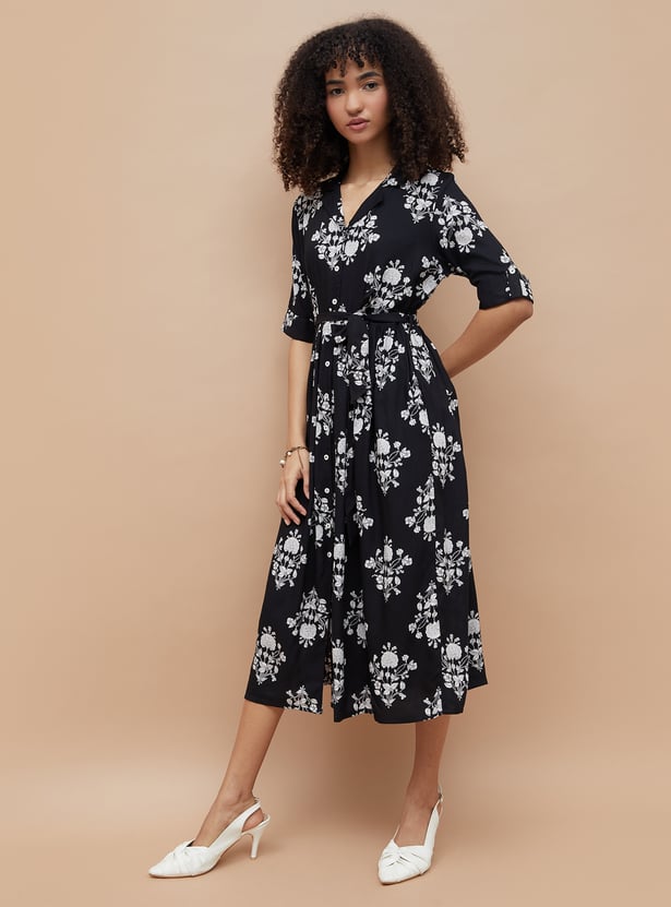 COLOUR ME Floral Print Belted Shirt Dress