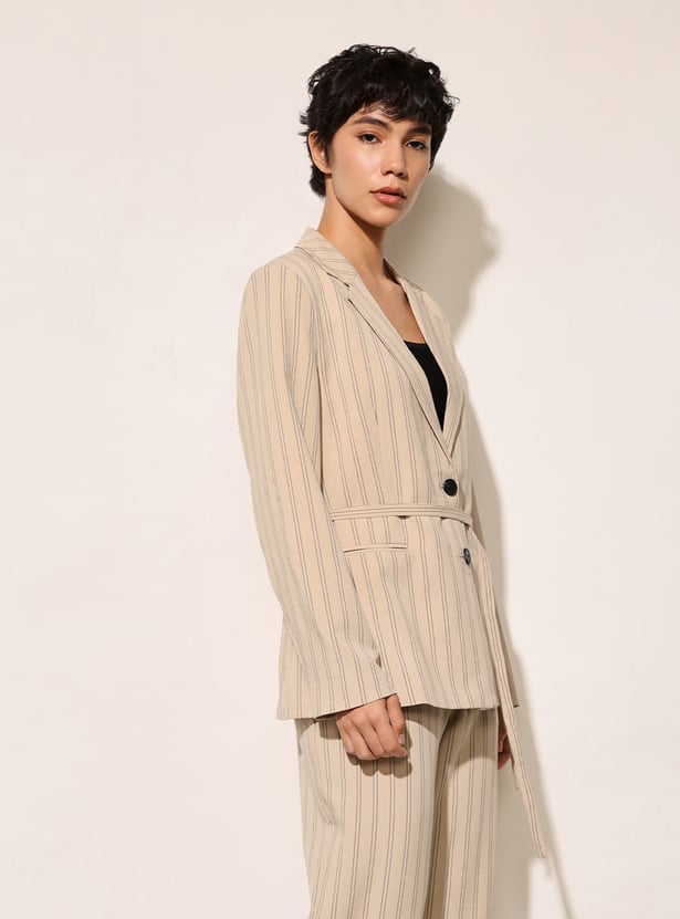 ONLY Striped Single Breasted Tie-Up Waist Blazer