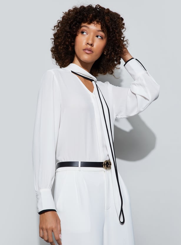 トップス LOHEN BICOLOR CORD BLOUSE white White Lycra Blouse With Key Hole