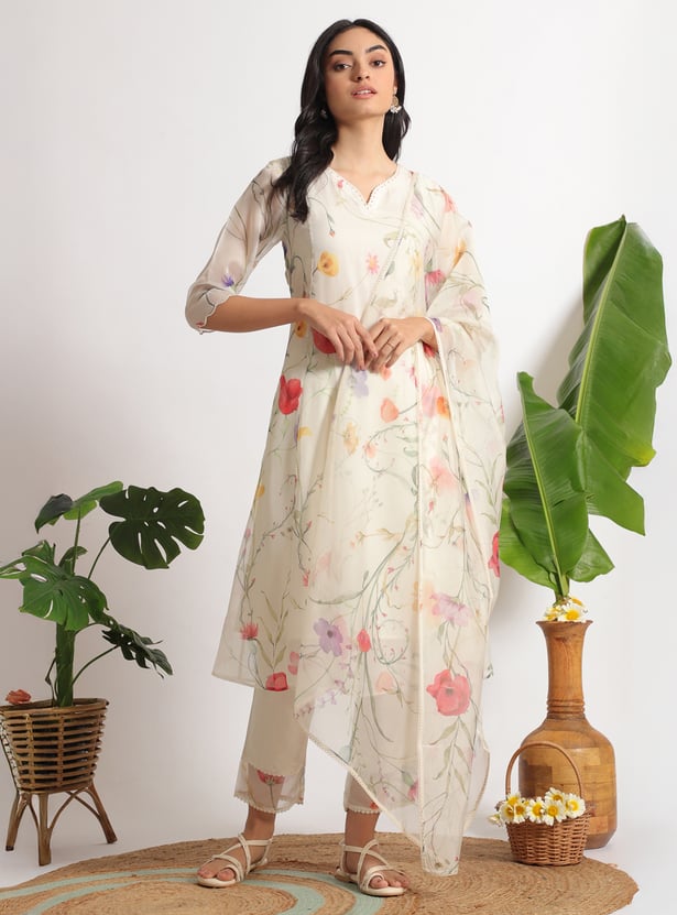 Cream Floral Printed A-Line Kurti
