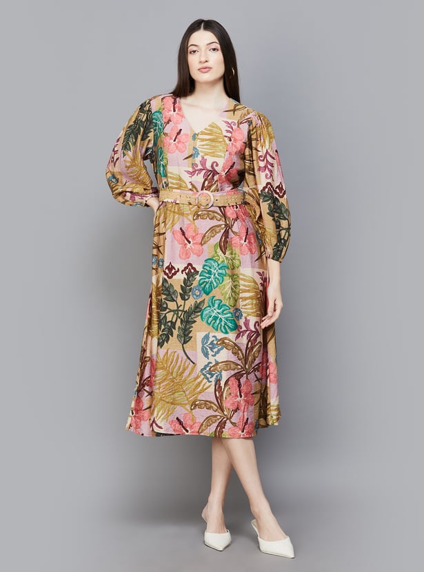 VERO MODA Tropical Print Midi Dress with Belt - Main Image