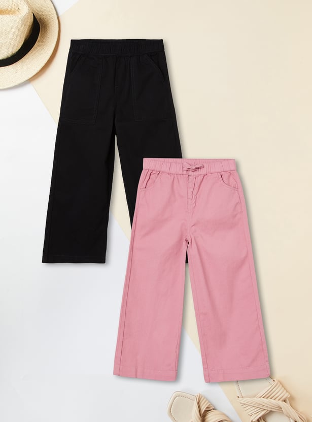 Girls Solid Wide Leg Trousers - Pack of 2