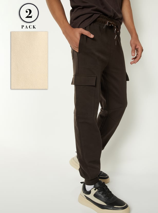 Boys Solid Cargo Joggers - Pack of 2