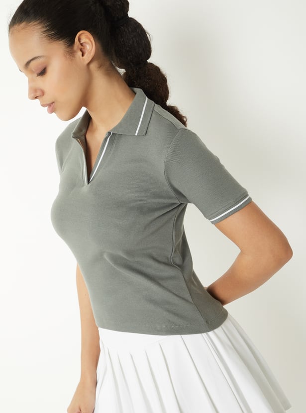 Women Ribbed Johnny Collar Sports T-shirt - Pack of 2