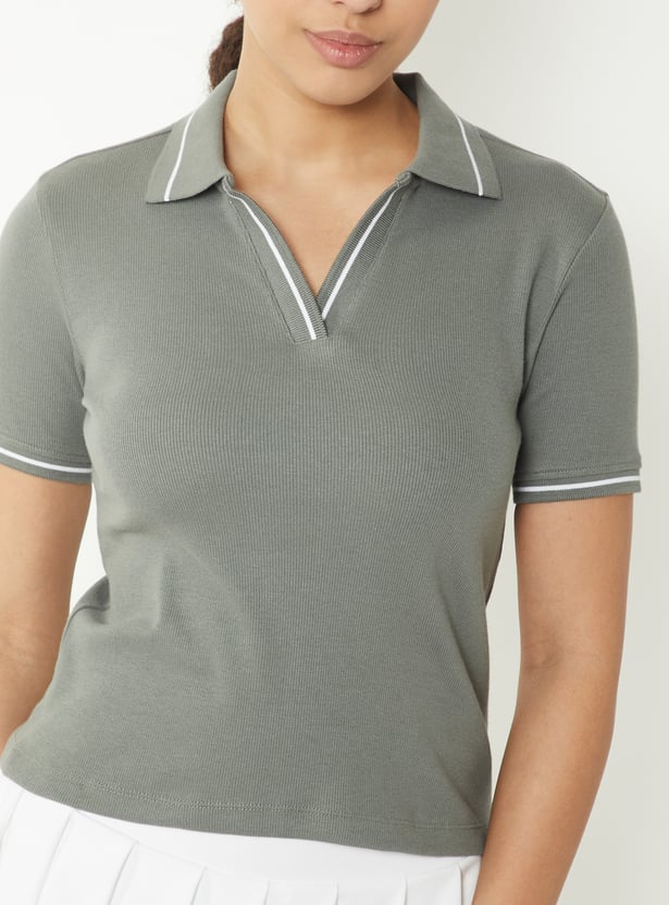 Women Ribbed Johnny Collar Sports T-shirt - Pack of 2