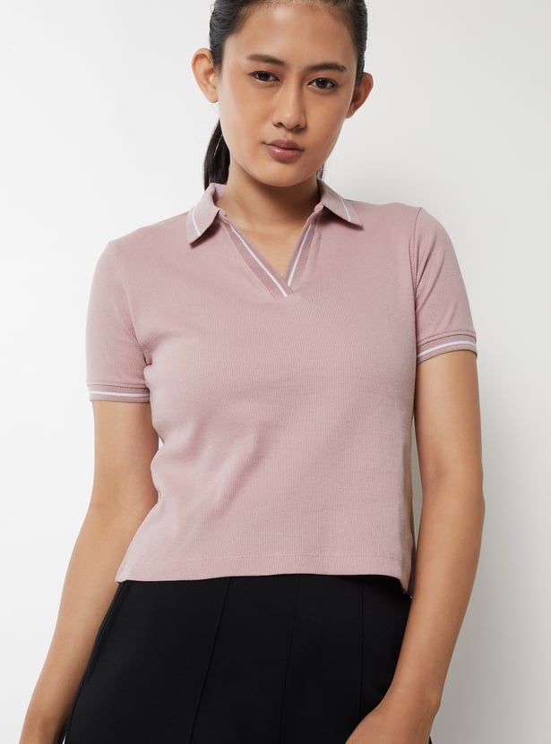 Women Ribbed Johnny Collar T-shirt - Pack of 2