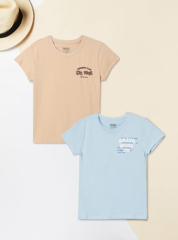 Girls Placement Print T-shirt - Pack of 2