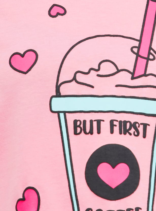 Women Printed T-shirt with Drawstring Waist Shorts