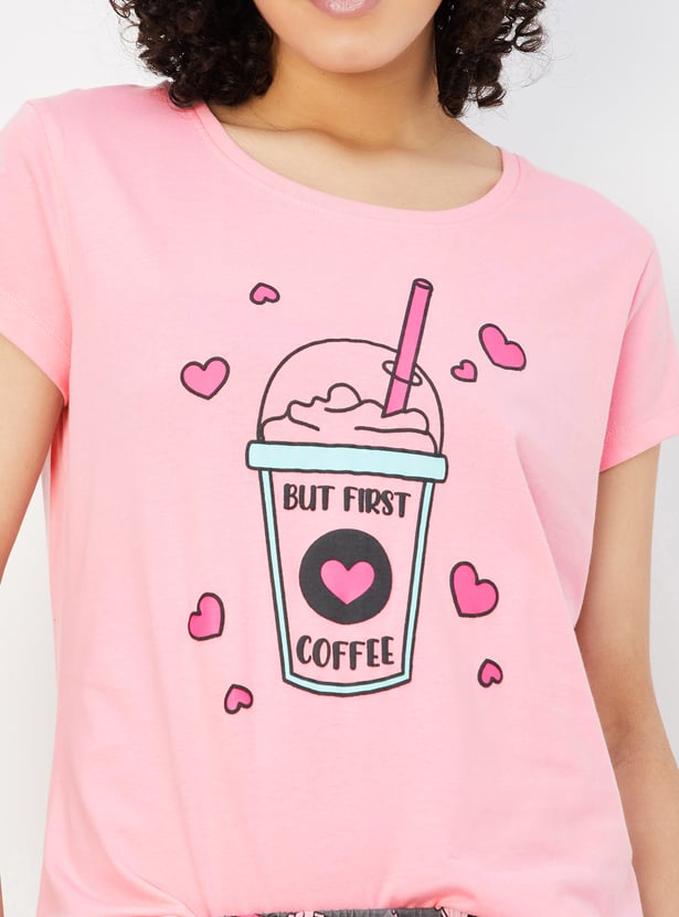 Women Printed T-shirt with Drawstring Waist Shorts