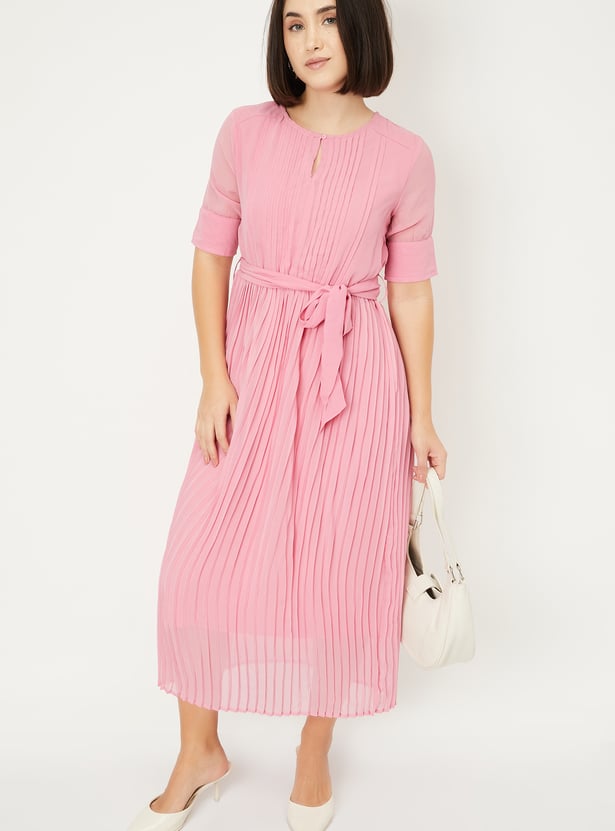 Women Pleated Tie-Up Waist Dress