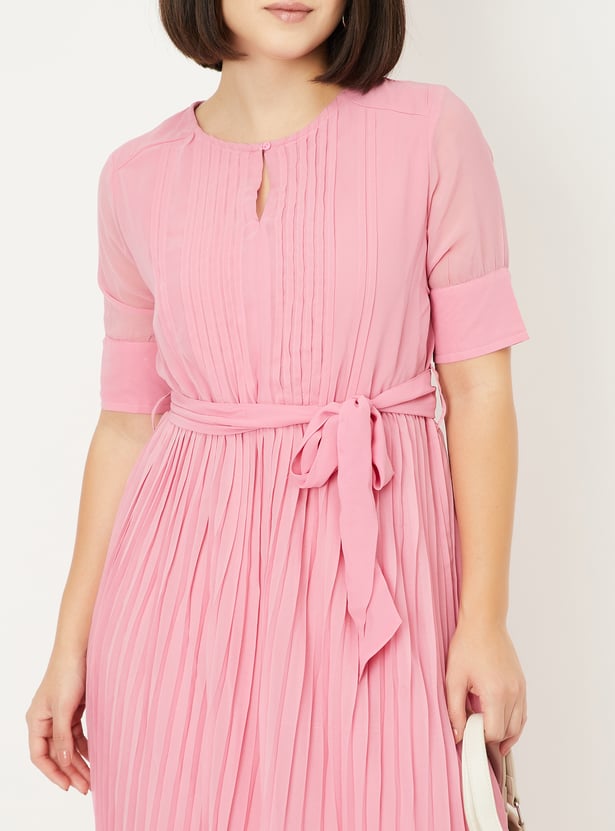 Women Pleated Tie-Up Waist Dress