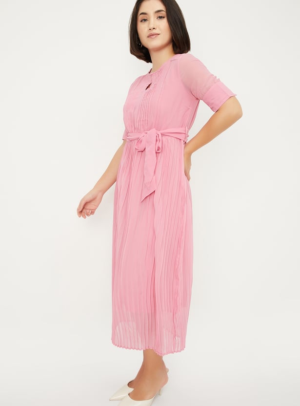 Women Pleated Tie-Up Waist Dress