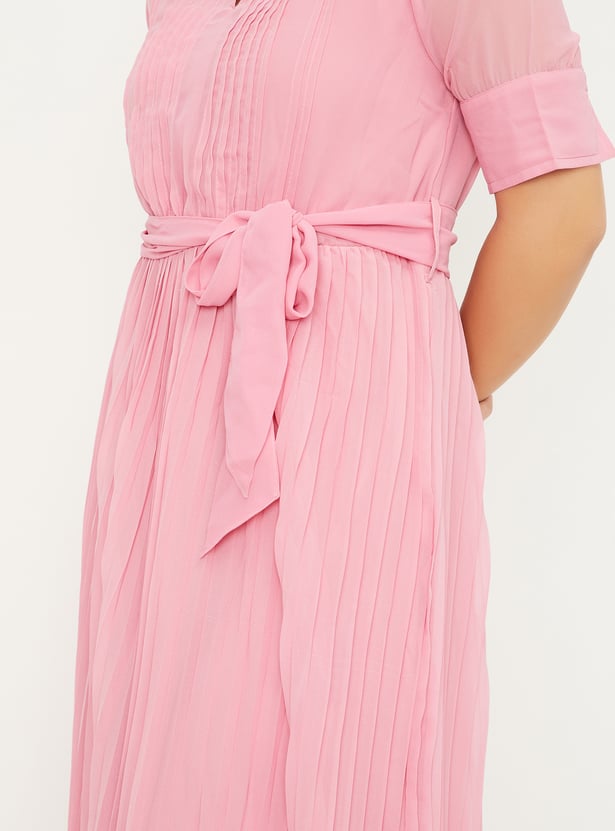Women Pleated Tie-Up Waist Dress