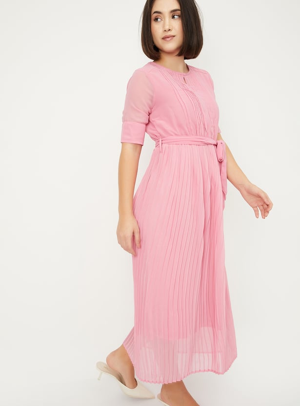 Women Pleated Tie-Up Waist Dress