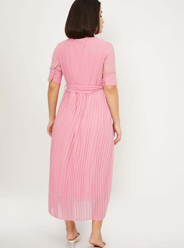 Women Pleated Tie-Up Waist Dress