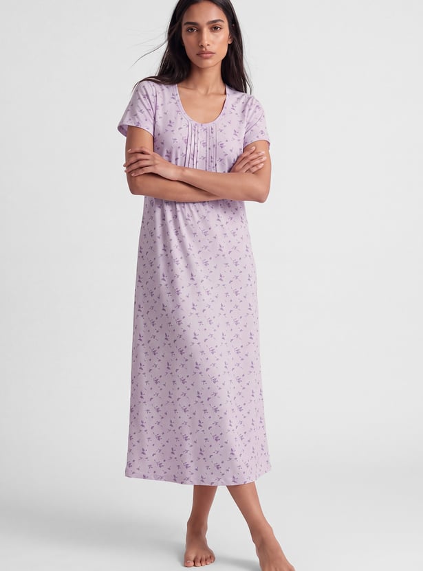 Women Floral Print Pintuck Nightgown