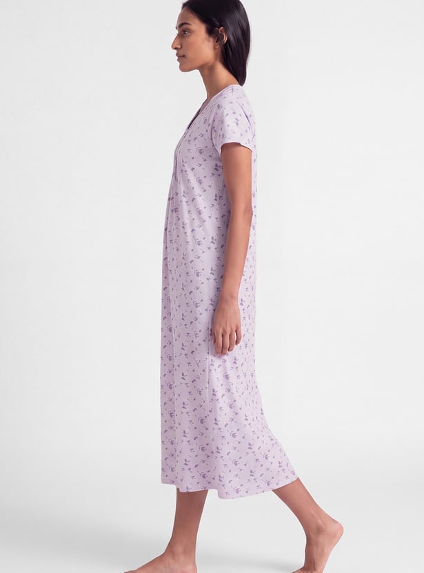 Women Floral Print Pintuck Nightgown