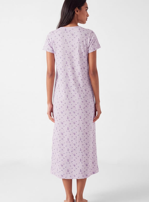 Women Floral Print Pintuck Nightgown